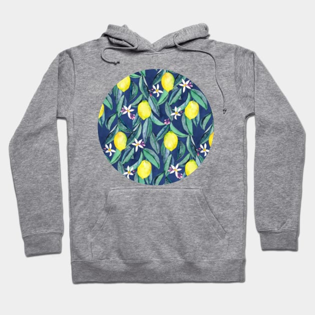 When Life Gives You Lemons - watercolor lemons on dark blue Hoodie by micklyn